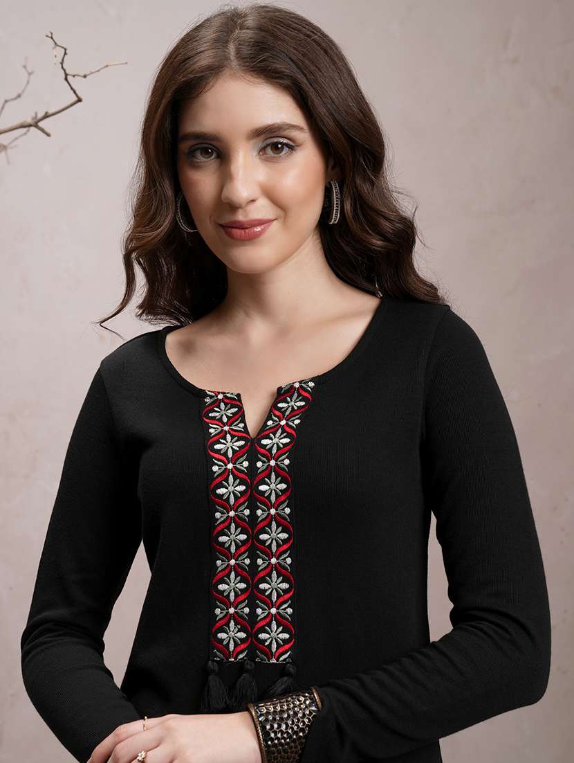 Black Embroidered A Line Kurta