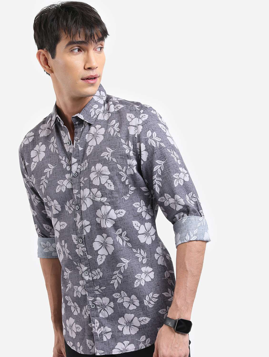 men grey collared neck casual shirts