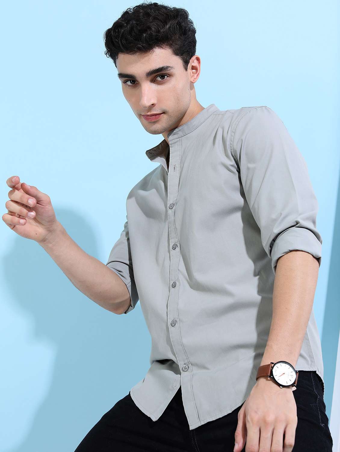 men mandarin neck solid casual shirt