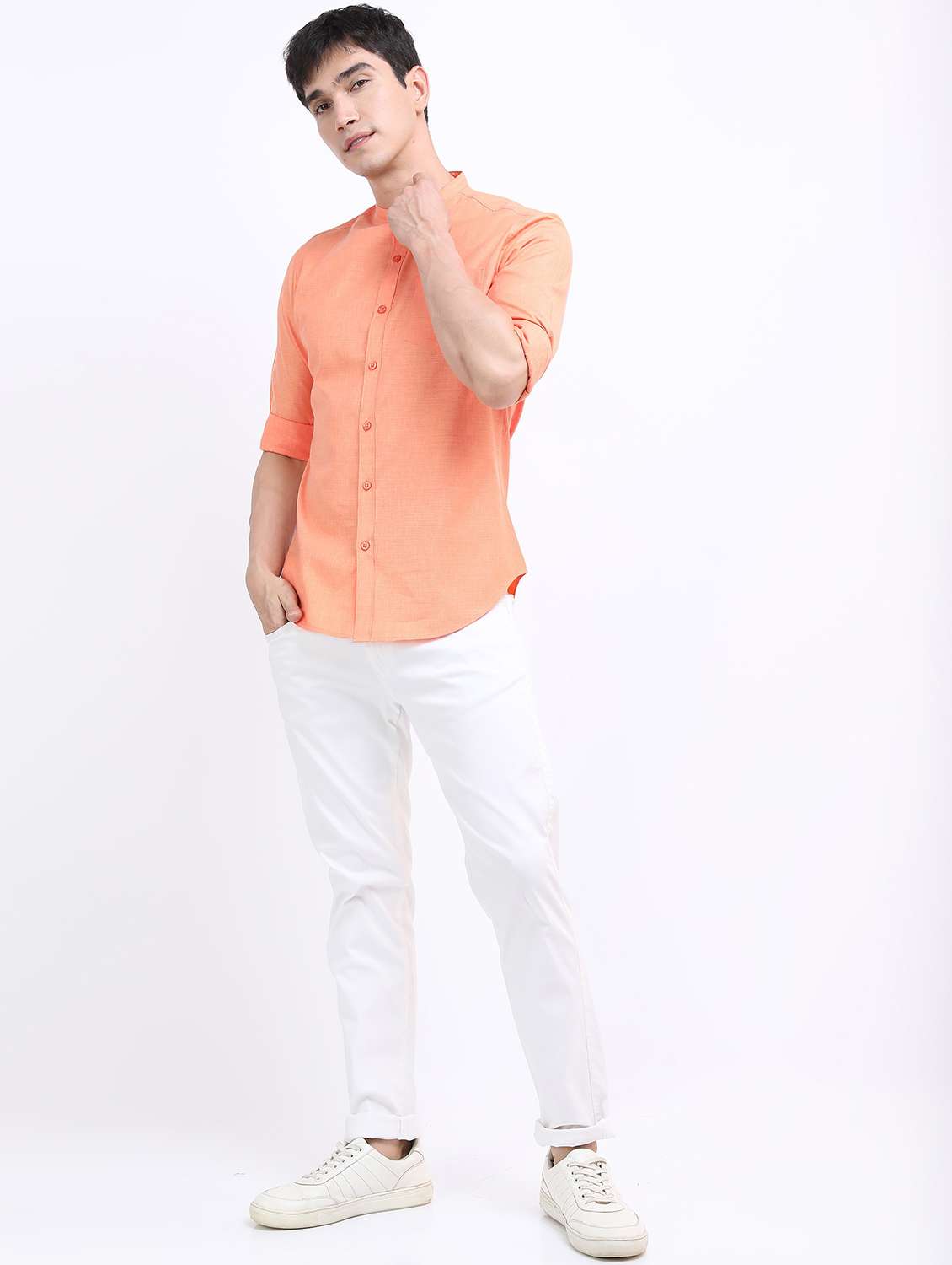 men mandarin neck solid casual shirt - 21487095 -  Standard Image - 4