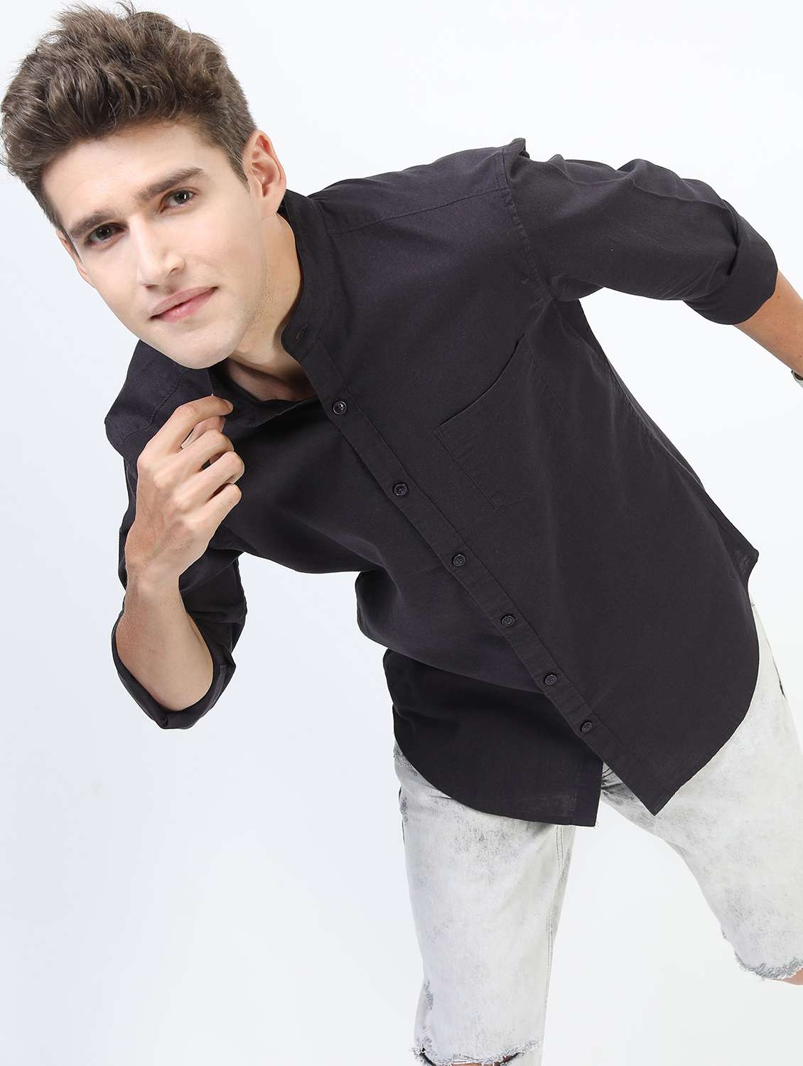 men black mandarin neck casual shirts - 21487161 -  Standard Image - 1