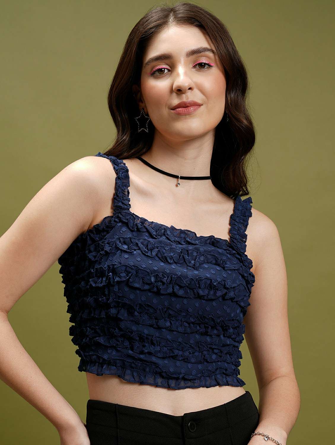 women navy blue cotton blend crop top