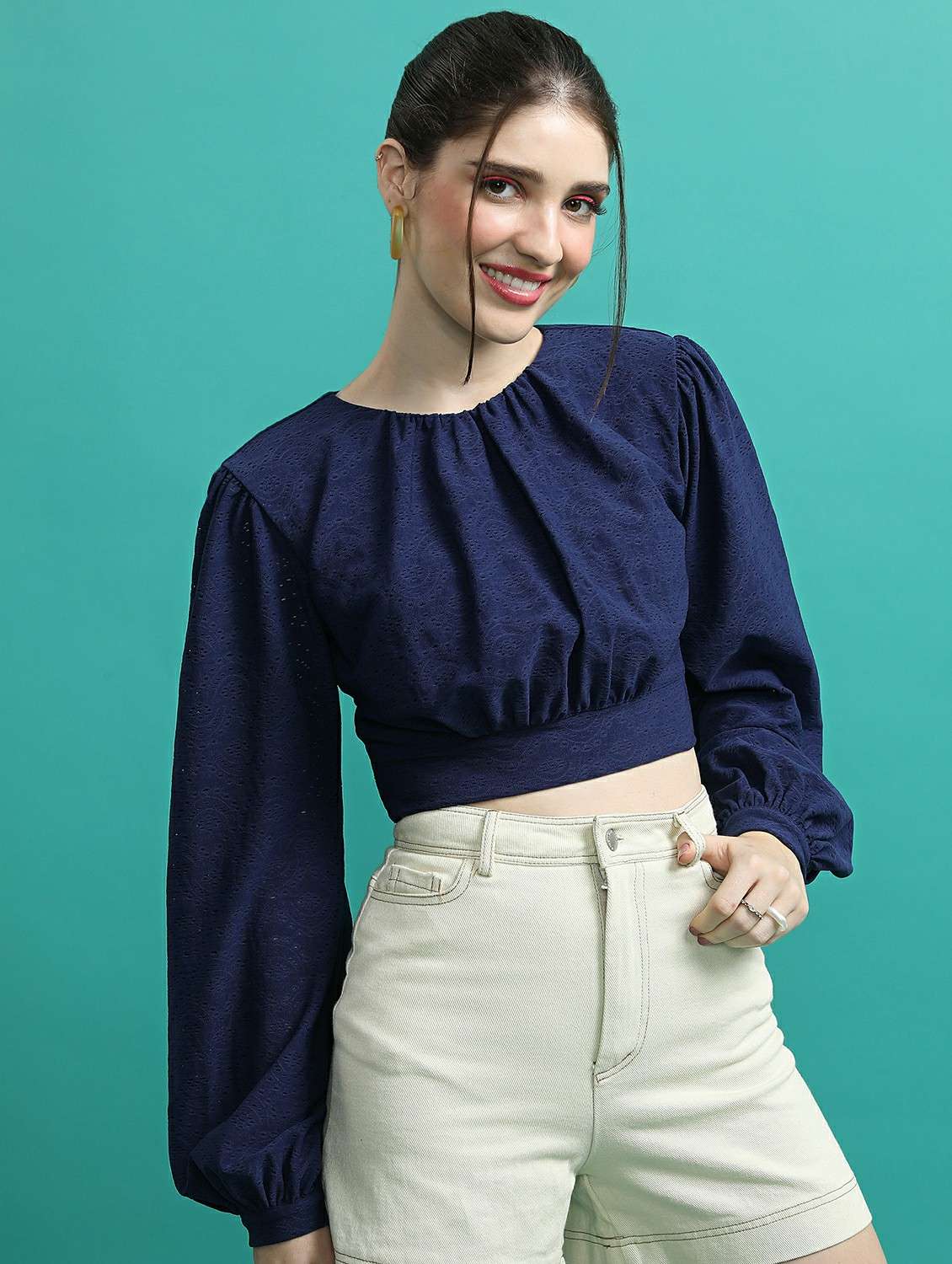 women navy blue cotton blend blouson top