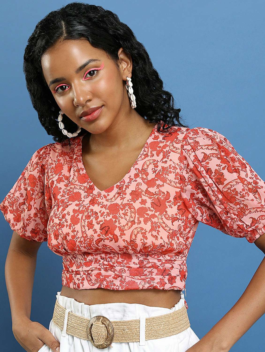 women coral cotton blend crop top