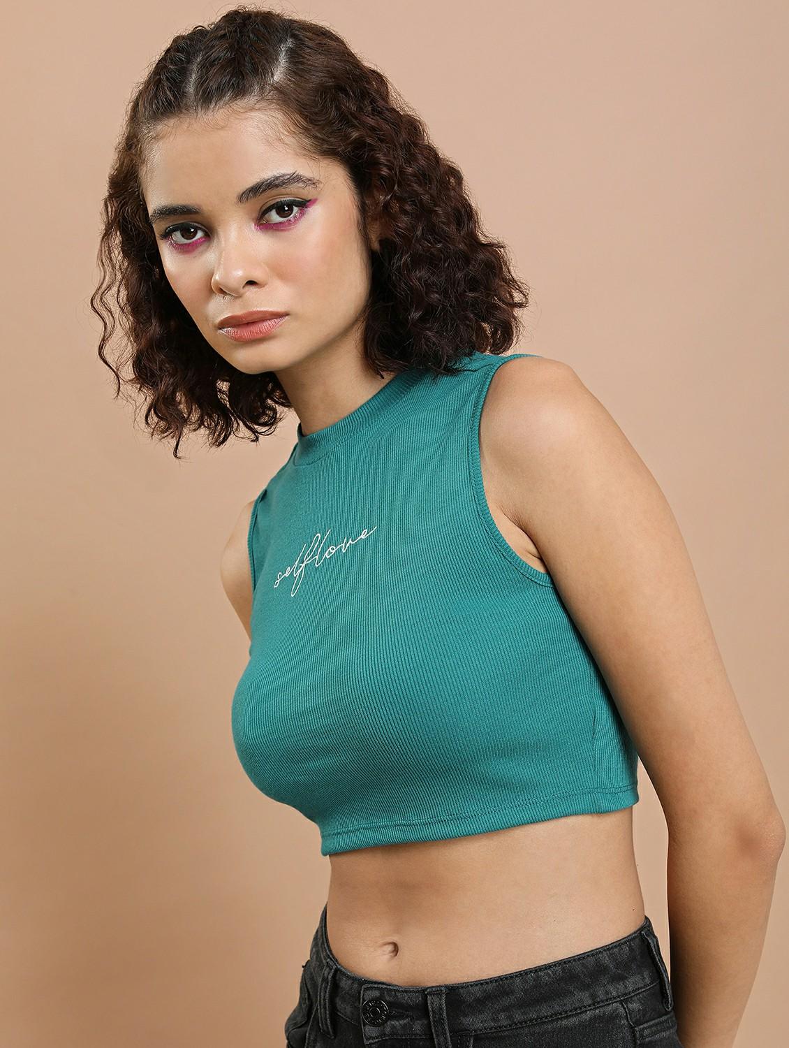dark green typography crop top - 21487227 - Standard Image - 1