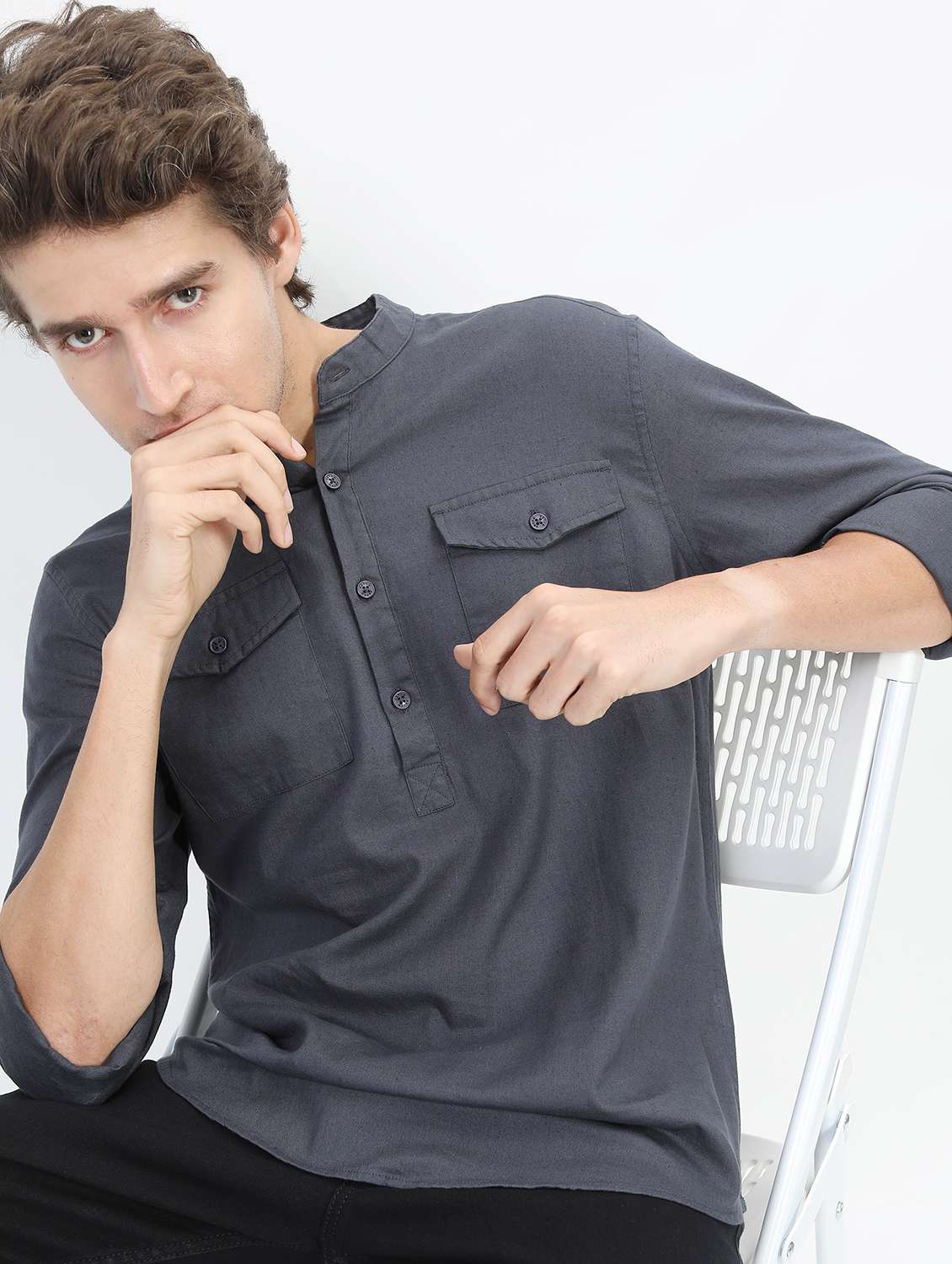 men grey mandarin neck casual shirts - 21487233 -  Standard Image - 1