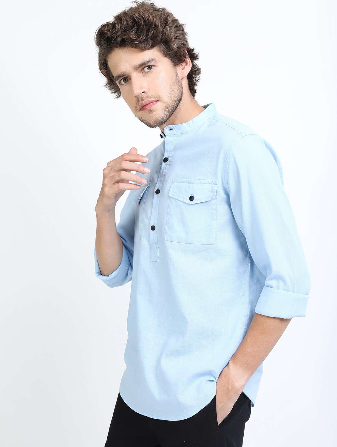 men light blue mandarin neck neck casual shirts - 21487234 -  Standard Image - 1