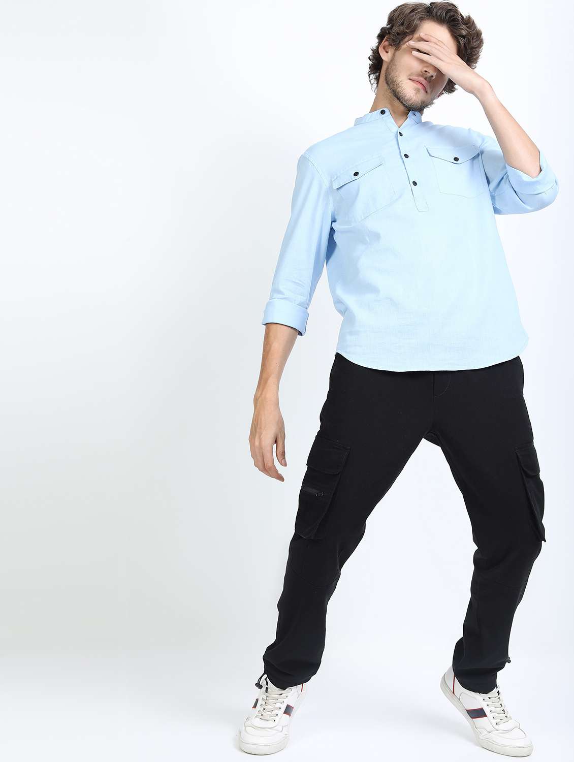 men light blue mandarin neck neck casual shirts - 21487234 -  Standard Image - 4