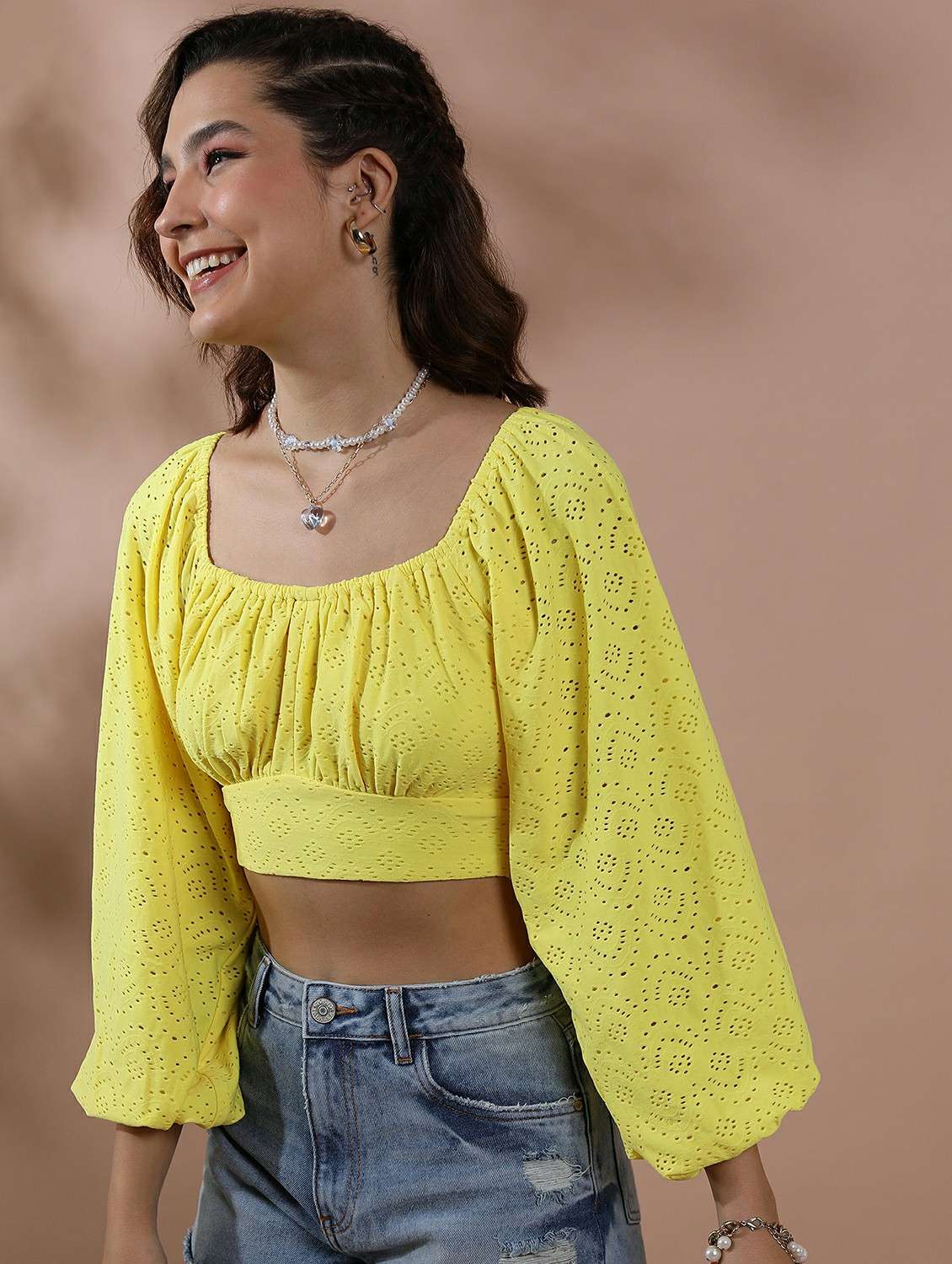women yellow cotton blend crop top - 21487250 -  Standard Image - 1