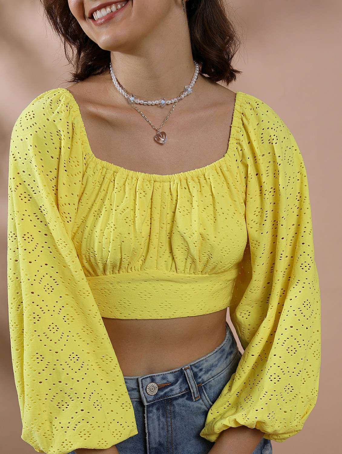 women yellow cotton blend crop top - 21487250 -  Standard Image - 4