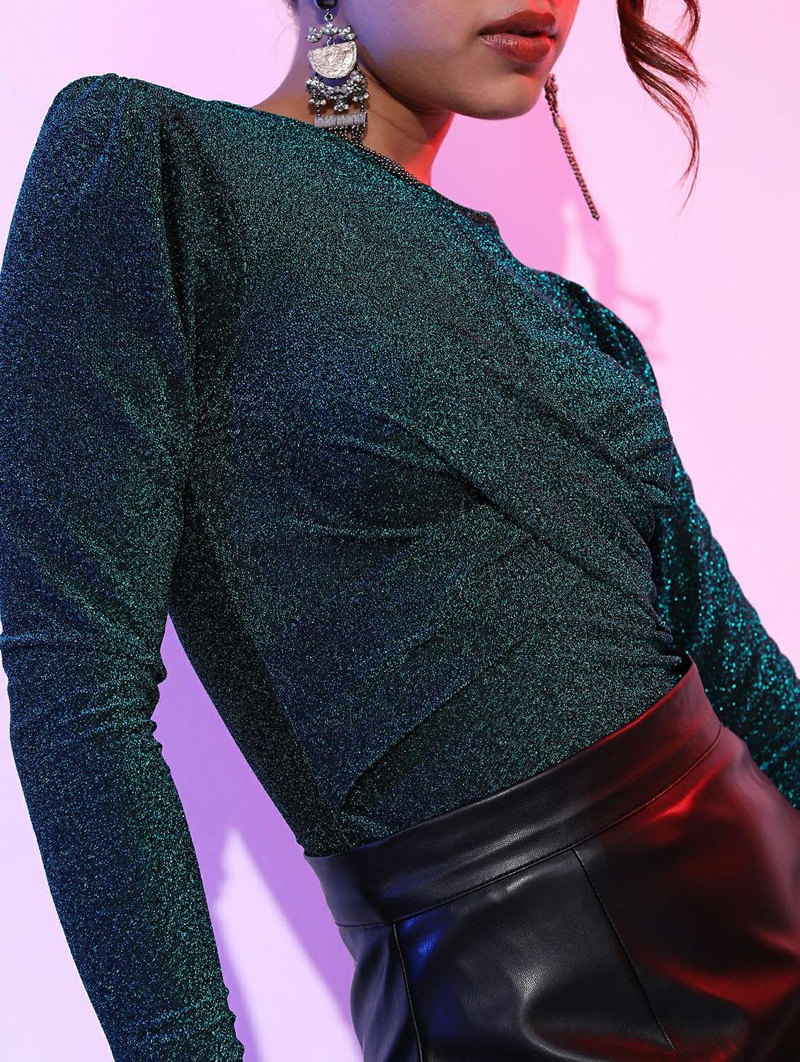 women teal green cotton blend regular top - 21487365 - Standard Image - 4