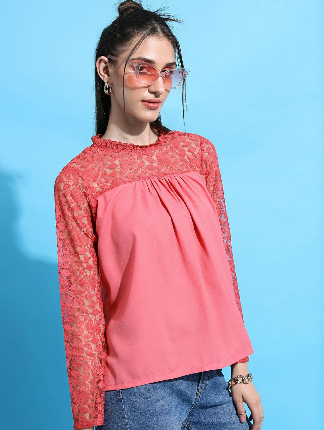 women coral cotton blend regular top