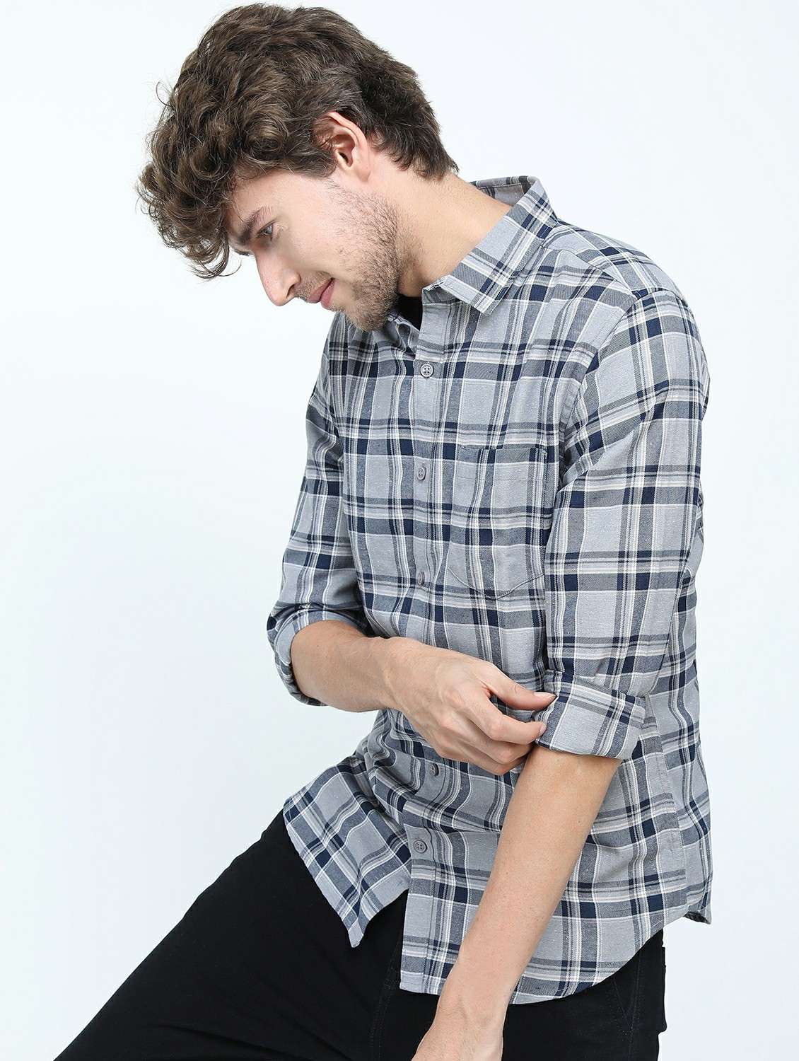 men grey slim fit check print casual shirt - 21487396 - Standard Image - 1