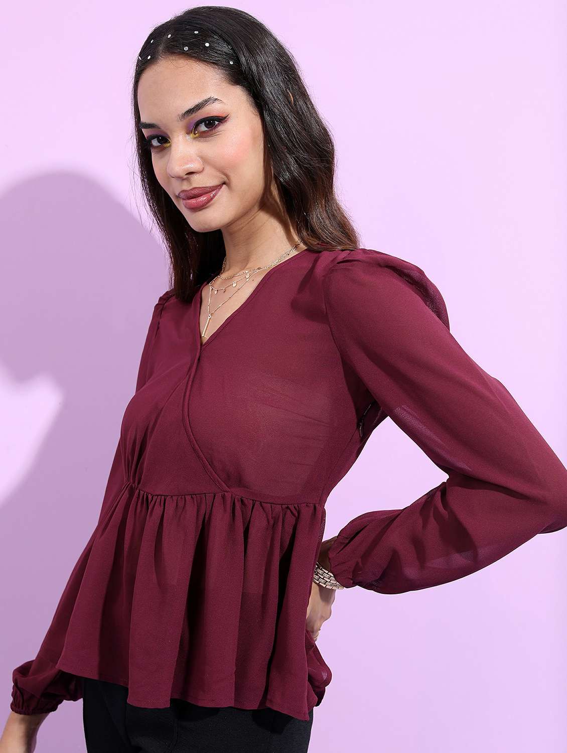 women maroon cotton blend peplum top - 21487405 -  Standard Image - 1