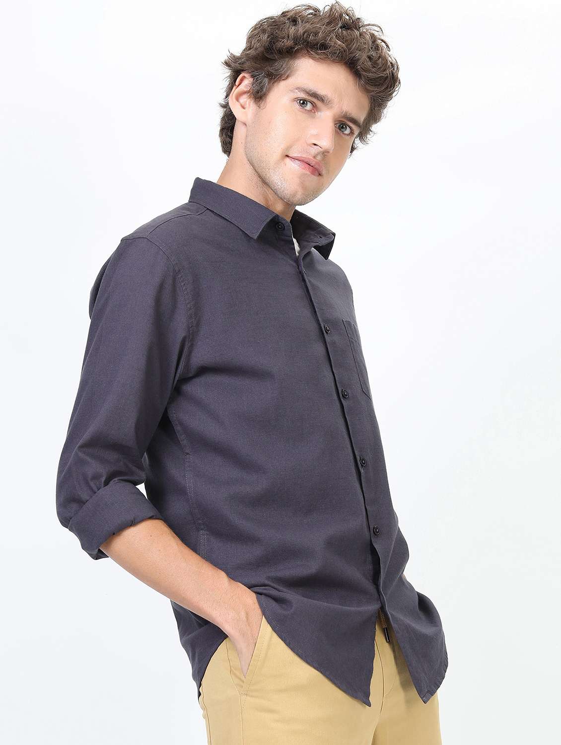 men long sleeved solid casual shirt - 21487447 -  Standard Image - 1