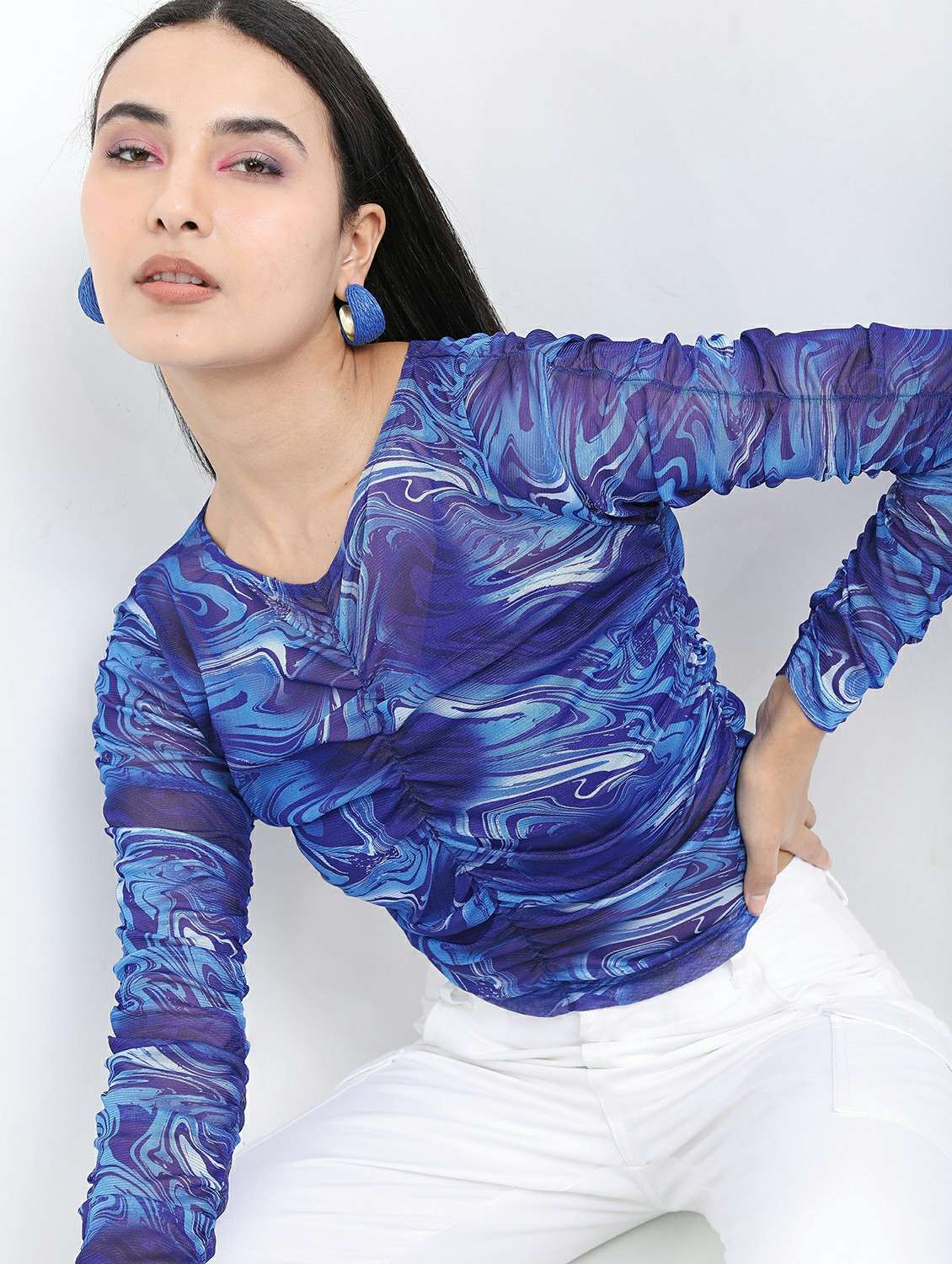 women blue cotton blend crop top - 21487481 -  Standard Image - 1