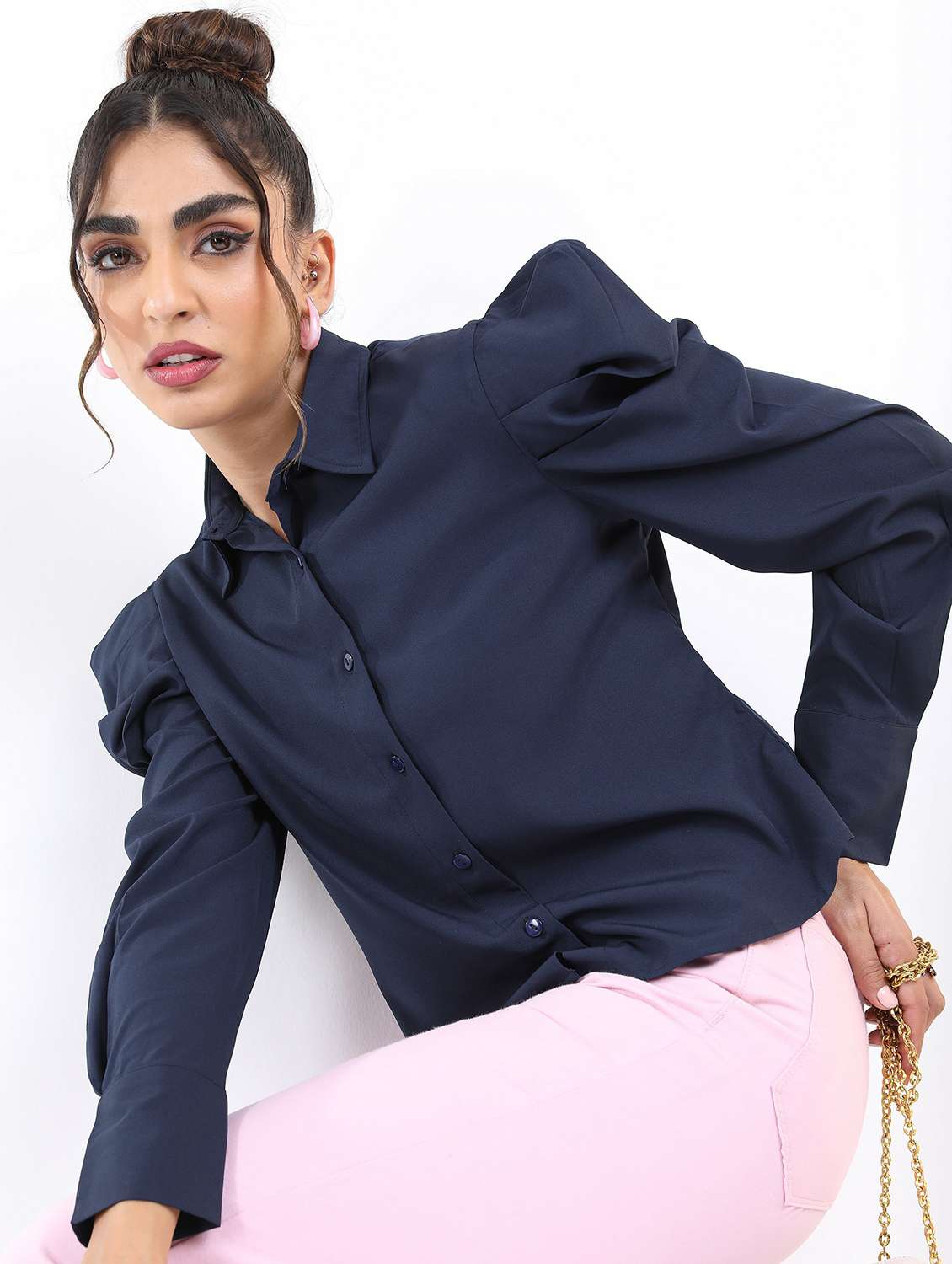 dark blue solid shirt top - 21487485 - Standard Image - 1