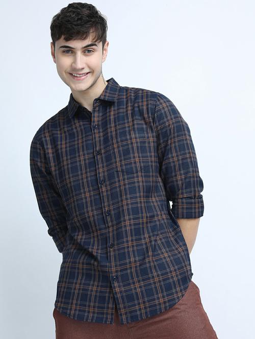 men navy blue regular fit checkered casual shirt - 21487548 - Standard Image - 0