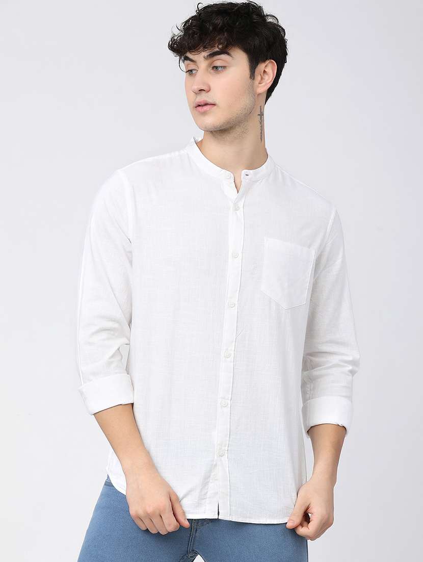 men white slim fit plain mandarin neck casual shirt