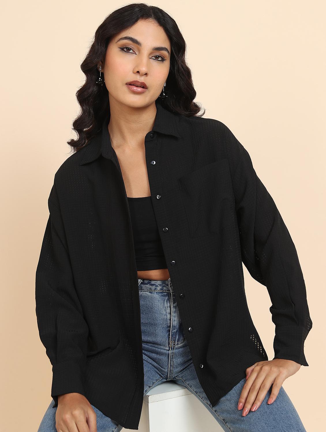 women black cotton blend regular shirt - 21488071 - Standard Image - 1
