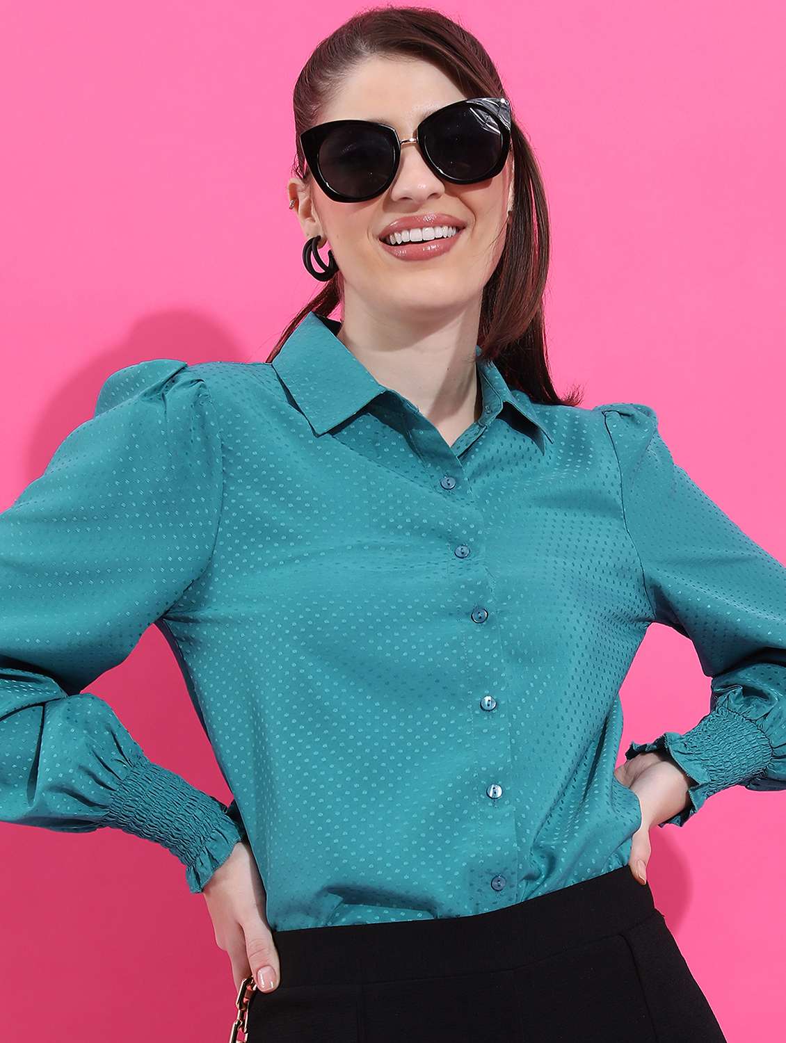 women sea green cotton blend regular shirt - 21488074 -  Standard Image - 1