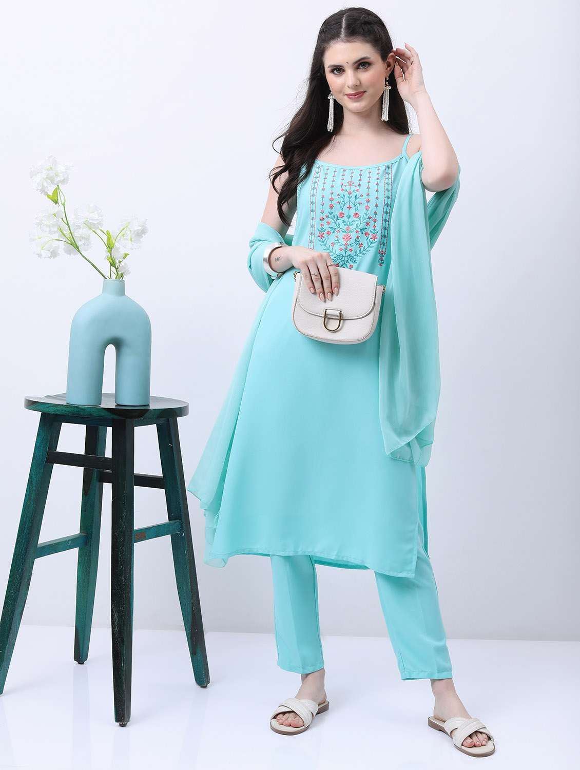 women light blue kurta pant set with dupatta