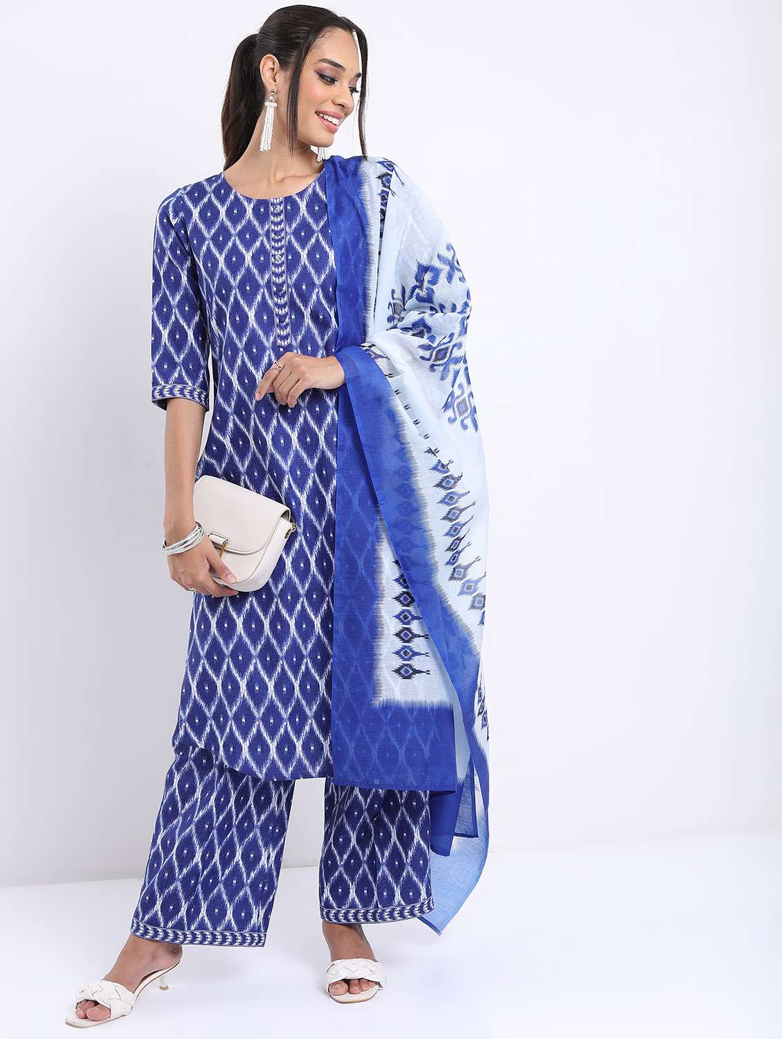 women ikat printed kurta palazzo set with dupatta