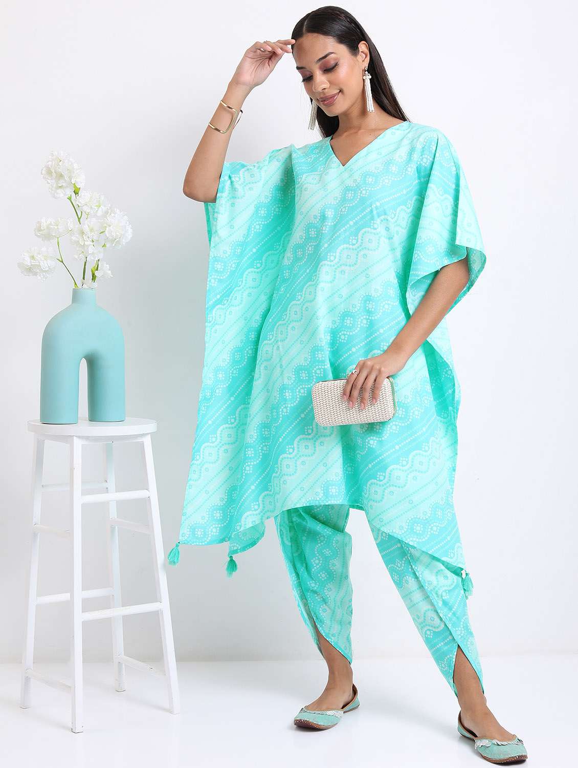 women light blue bandhani print kaftan set
