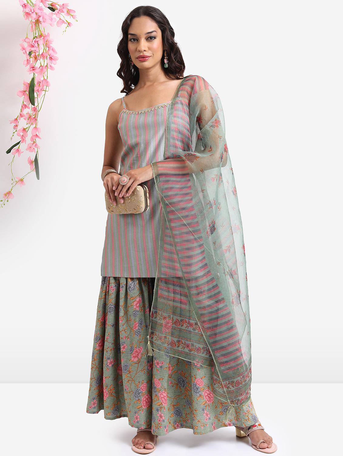 women stripes printed kurta sharara set with dupatta - 21488170 -  Zoom Image - 0