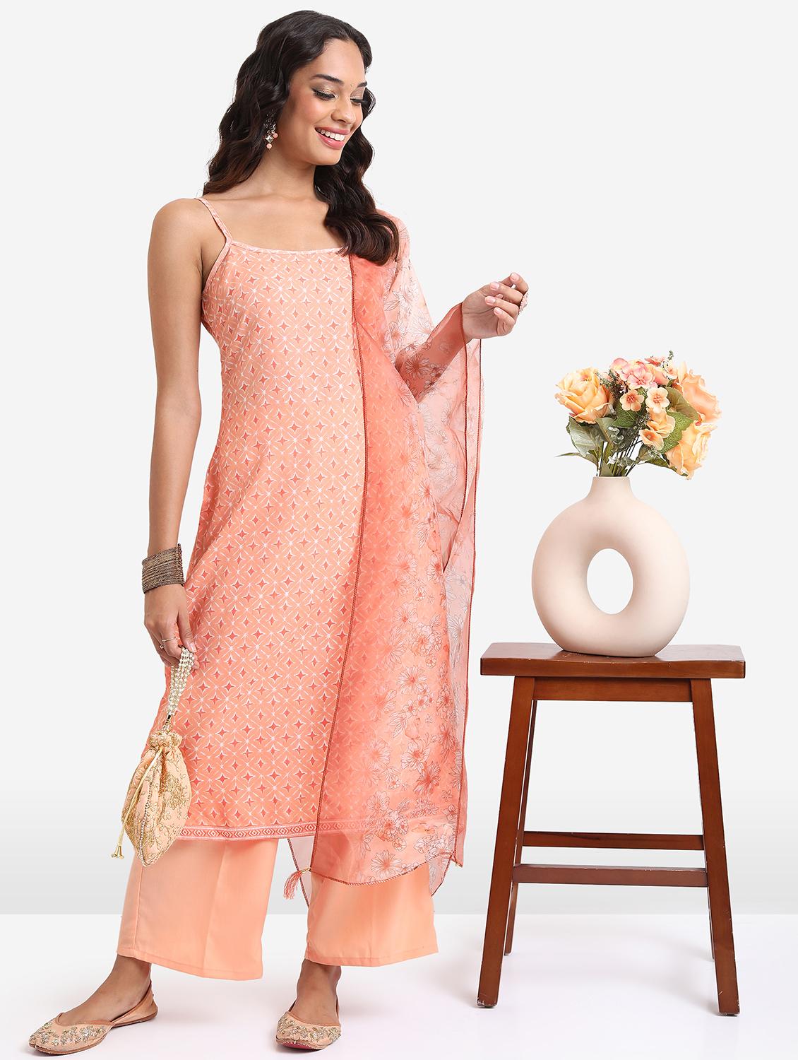 women orange printed kurta palazzo set with dupatta