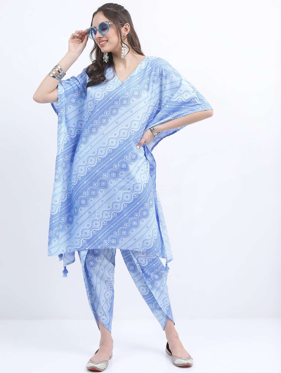 women light blue printed v neck kaftan set 