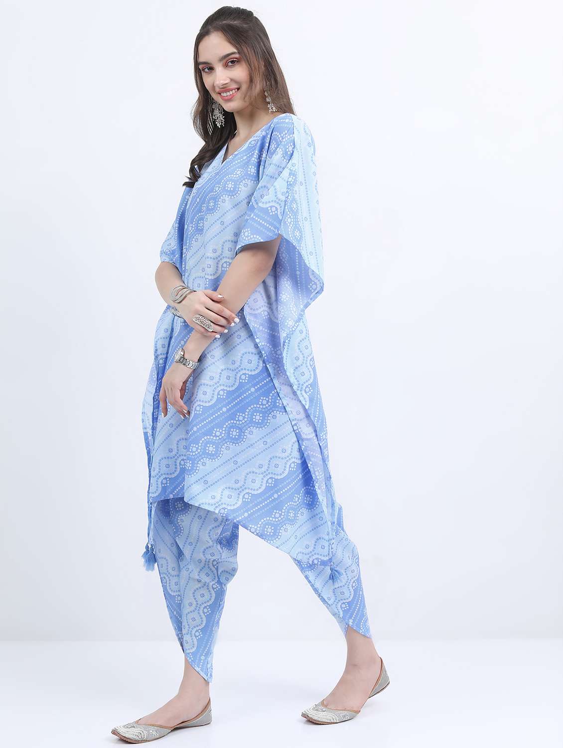 women light blue printed v neck kaftan set - 21488206 - Standard Image - 1