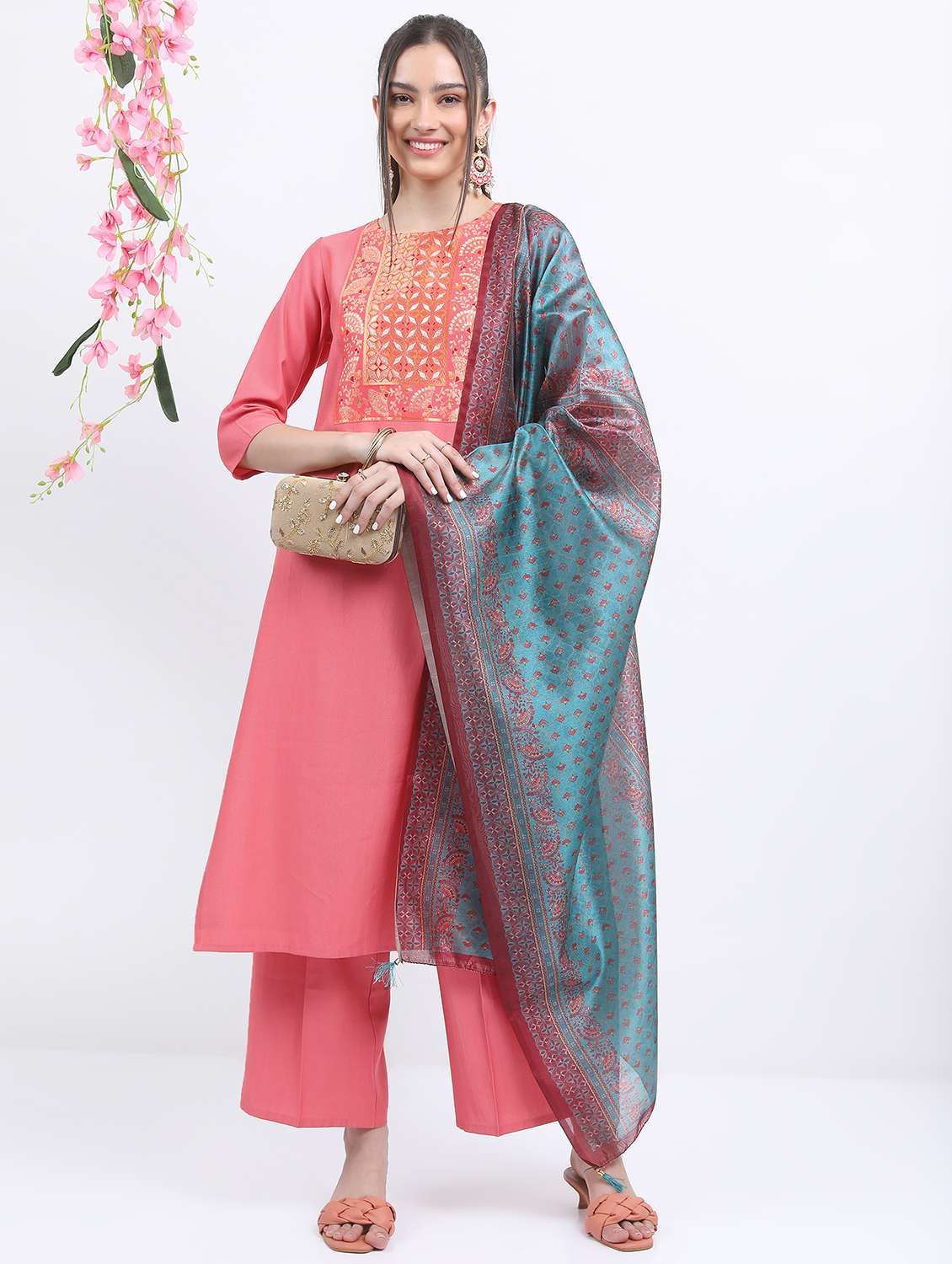 women self design kurta palazzo set with dupatta