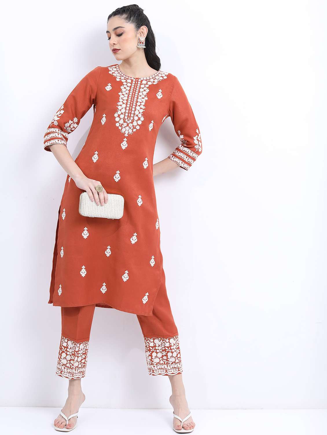 brown cotton blend kurta pant  set