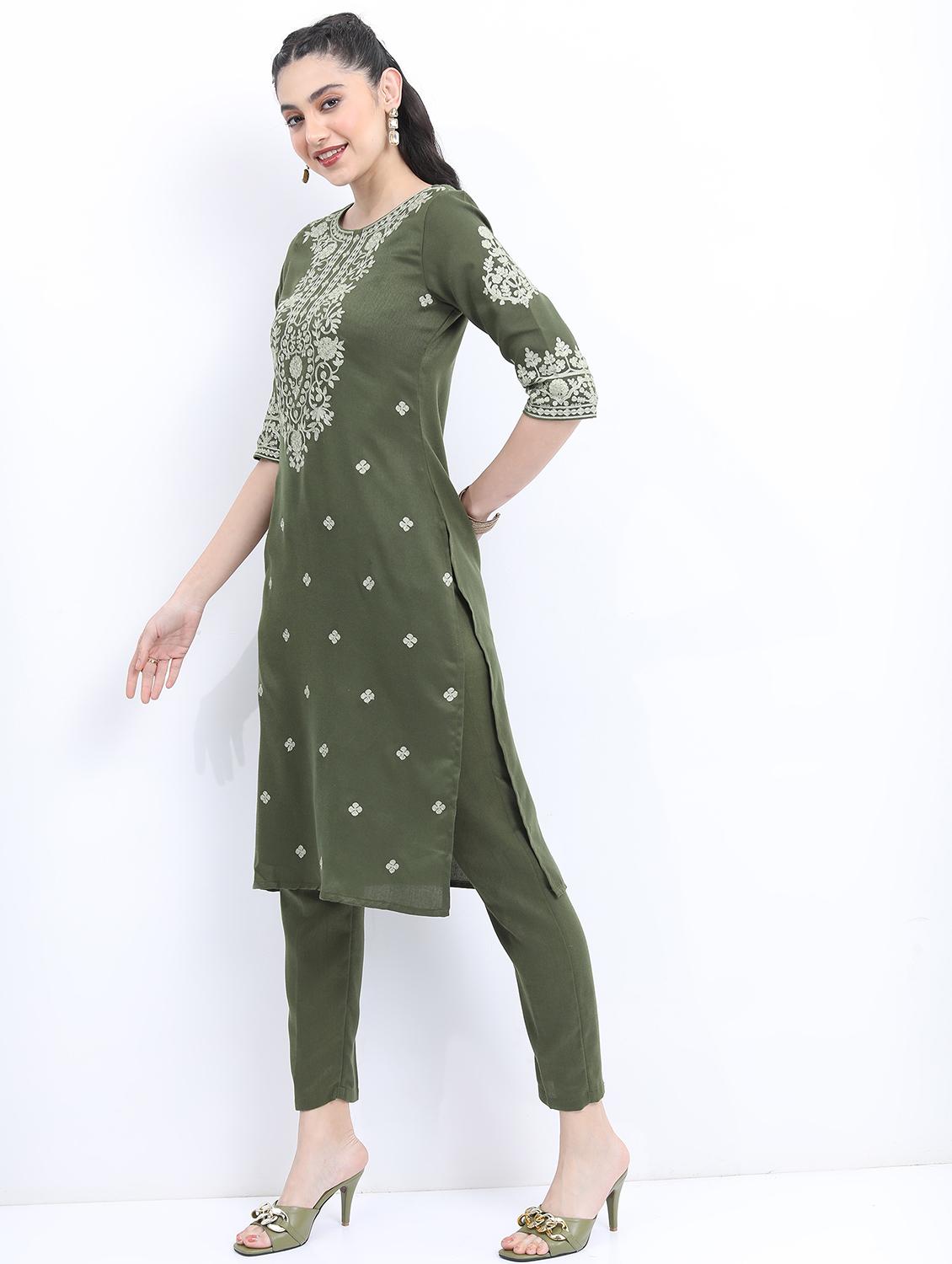 green embroidered kurta pant set - 21488236 - Standard Image - 1