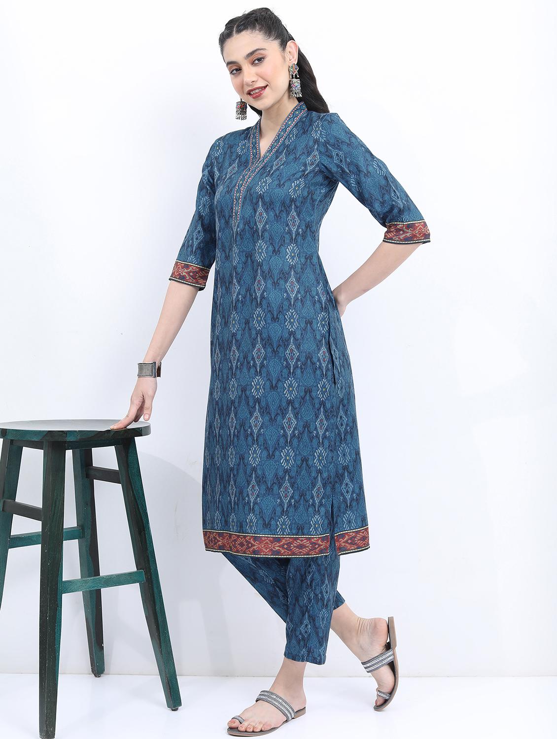 women blue v neck kurta pant set - 21488260 - Standard Image - 1