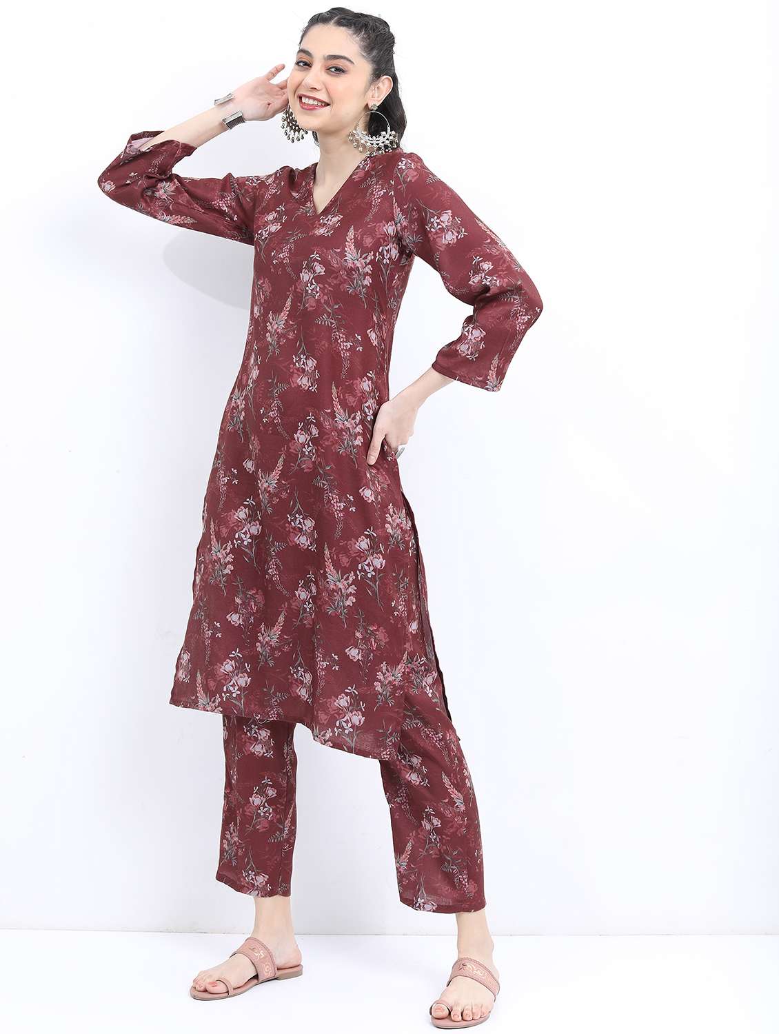 women maroon floral printed kurta pant set - 21488263 -  Standard Image - 1