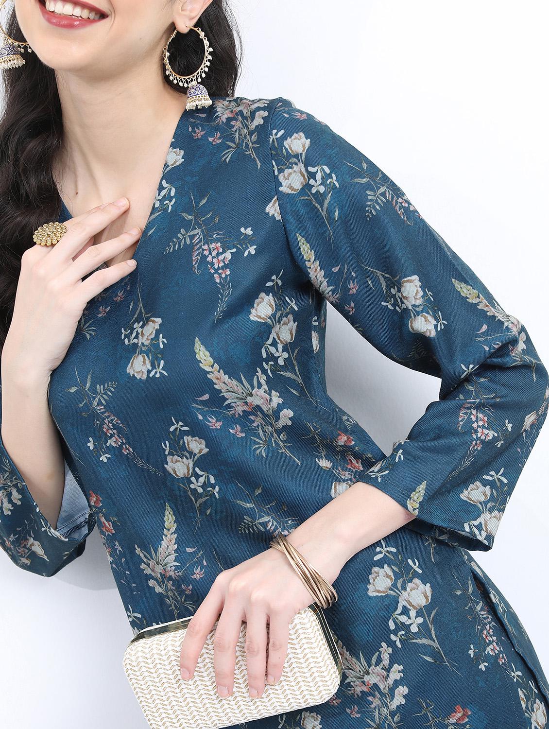 women teal floral printed kurta pant set - 21488265 - Standard Image - 4