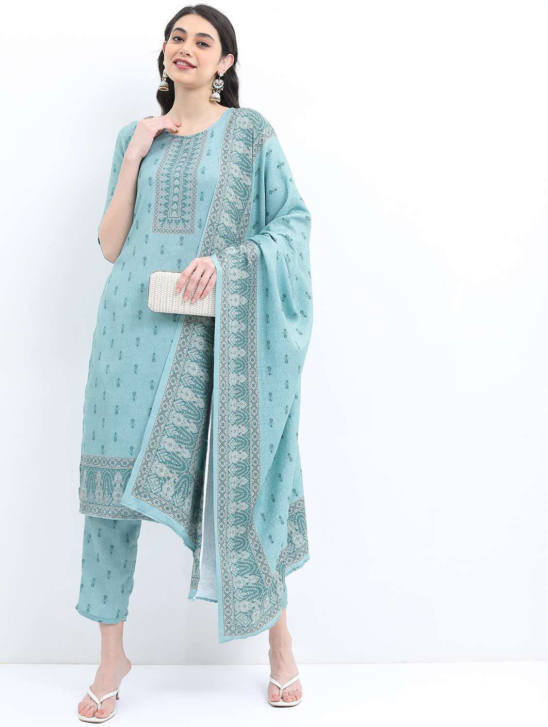 women three quarter sleeve kurta pant with dupatta set