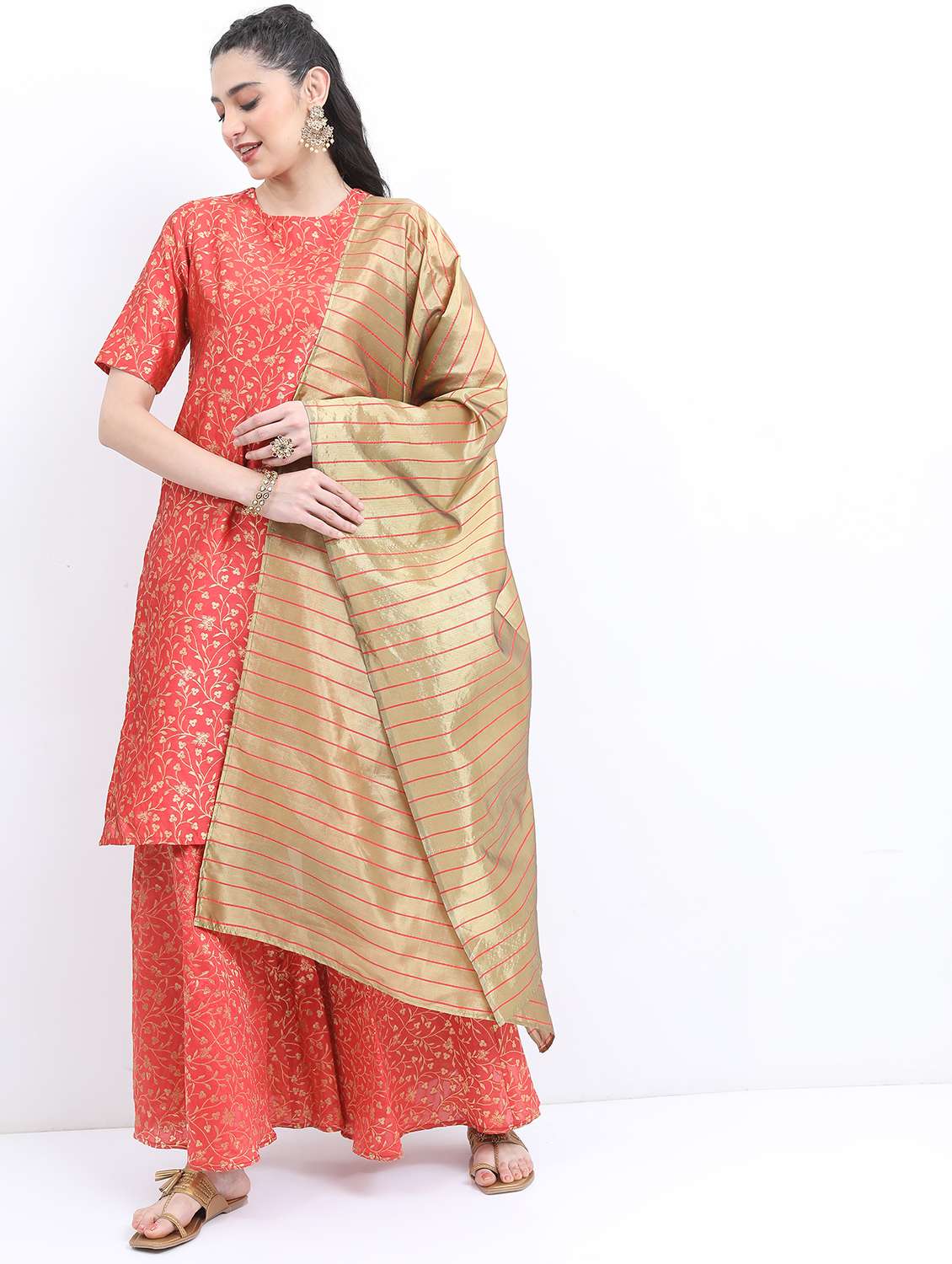 women orange kurta palazzo set with dupatta