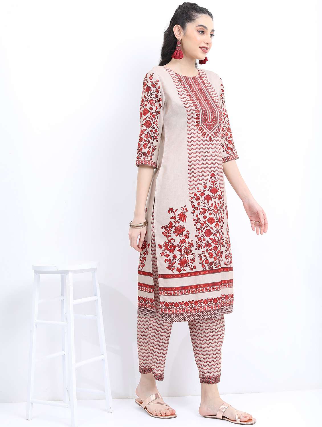 women beige printed kurta pant set - 21488280 -  Standard Image - 1