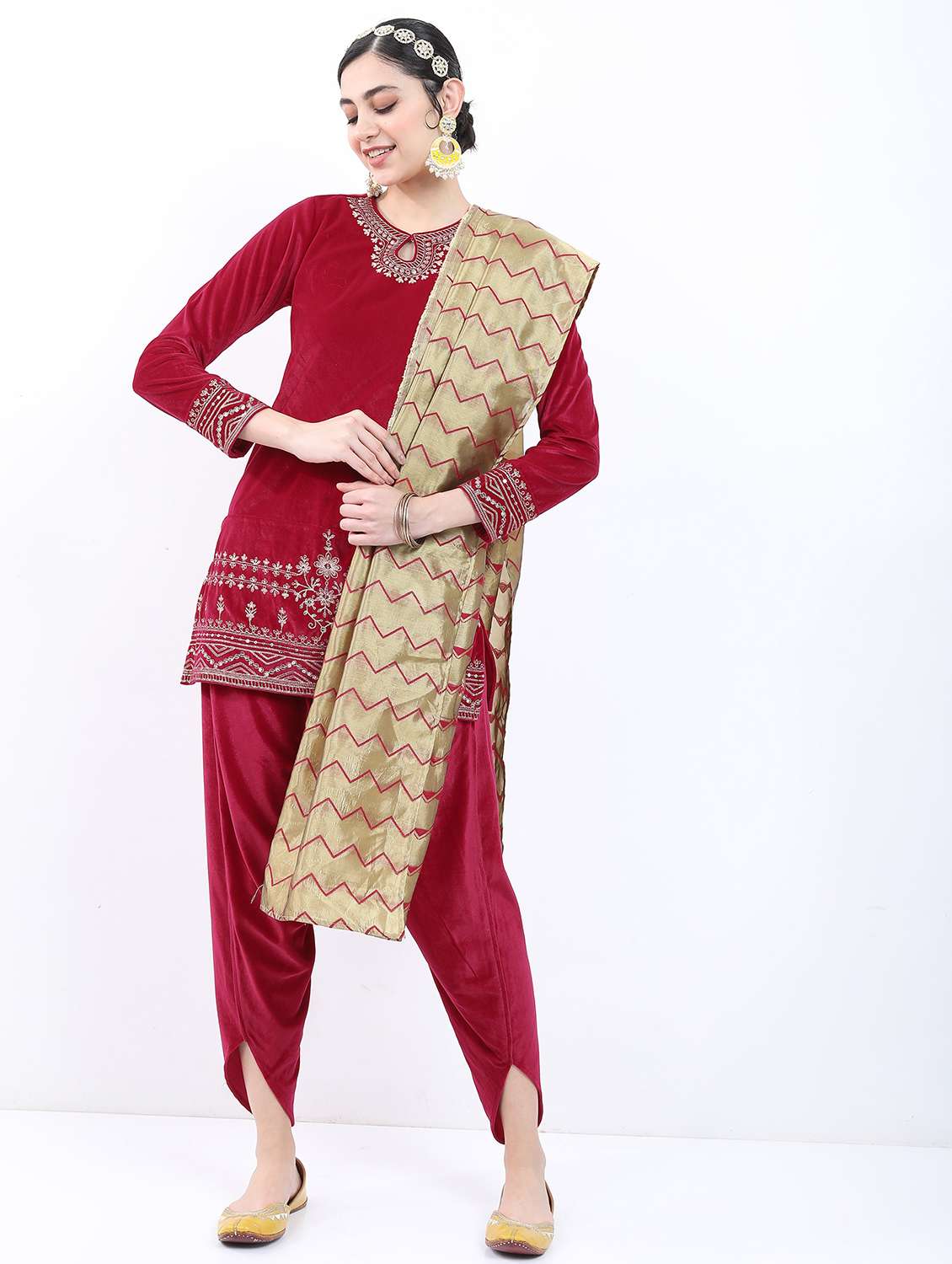 women red dhoti kurta set with dupatta