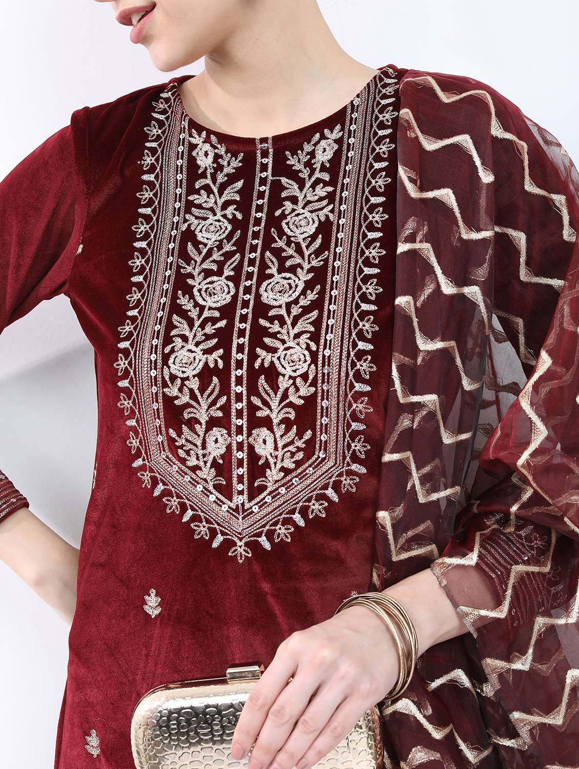 maroon self-designed kurta pant set - 21488298 -  Standard Image - 4