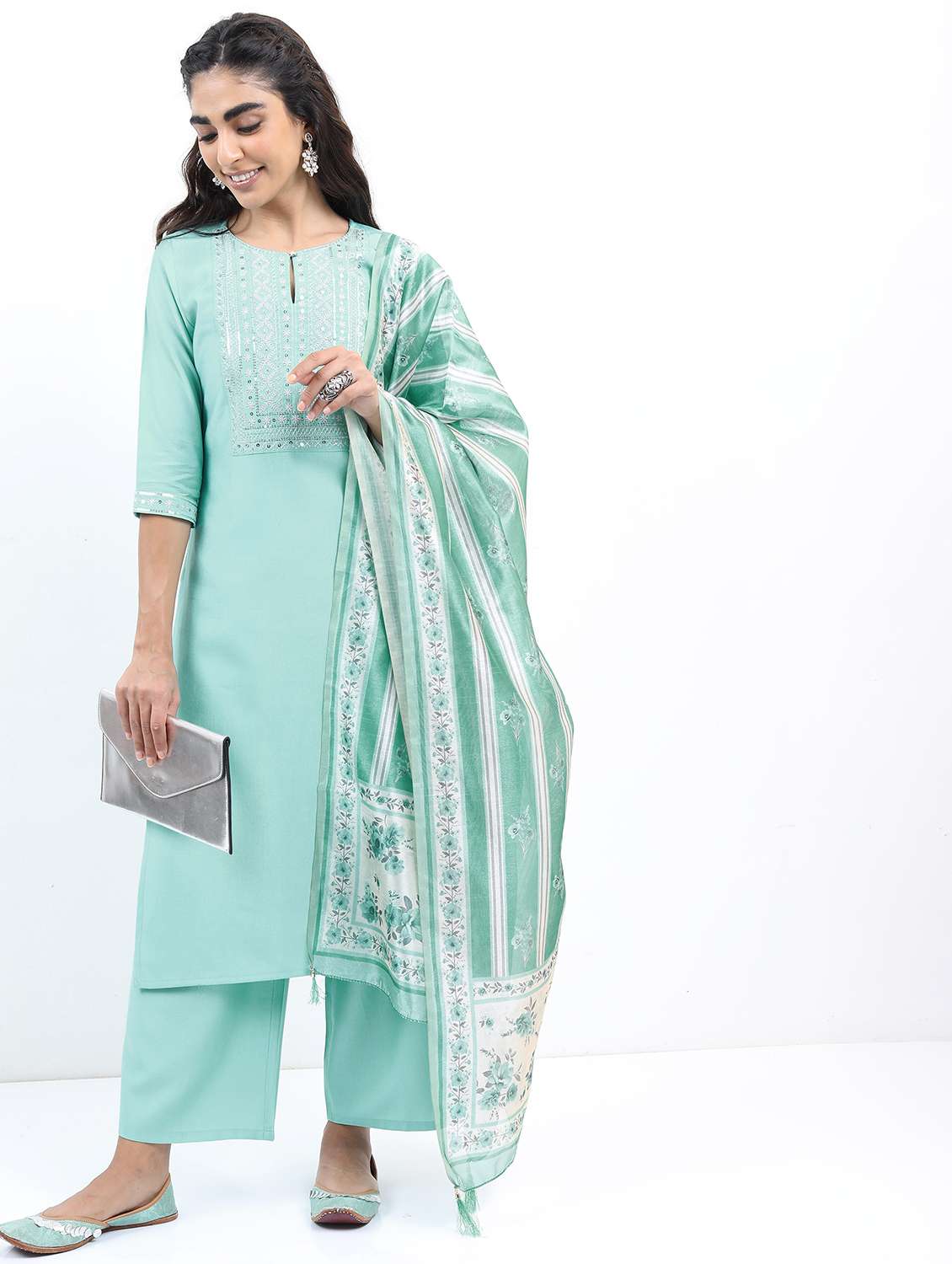 women sea green kurta palazzos set with dupatta 