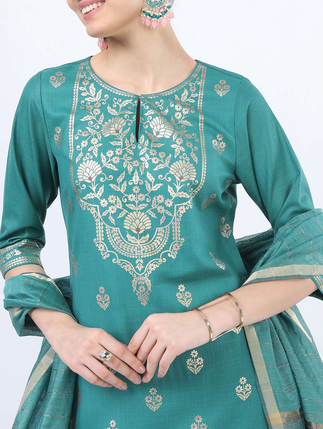 women turquoise kurta pant set with dupatta - 21488339 -  Standard Image - 4