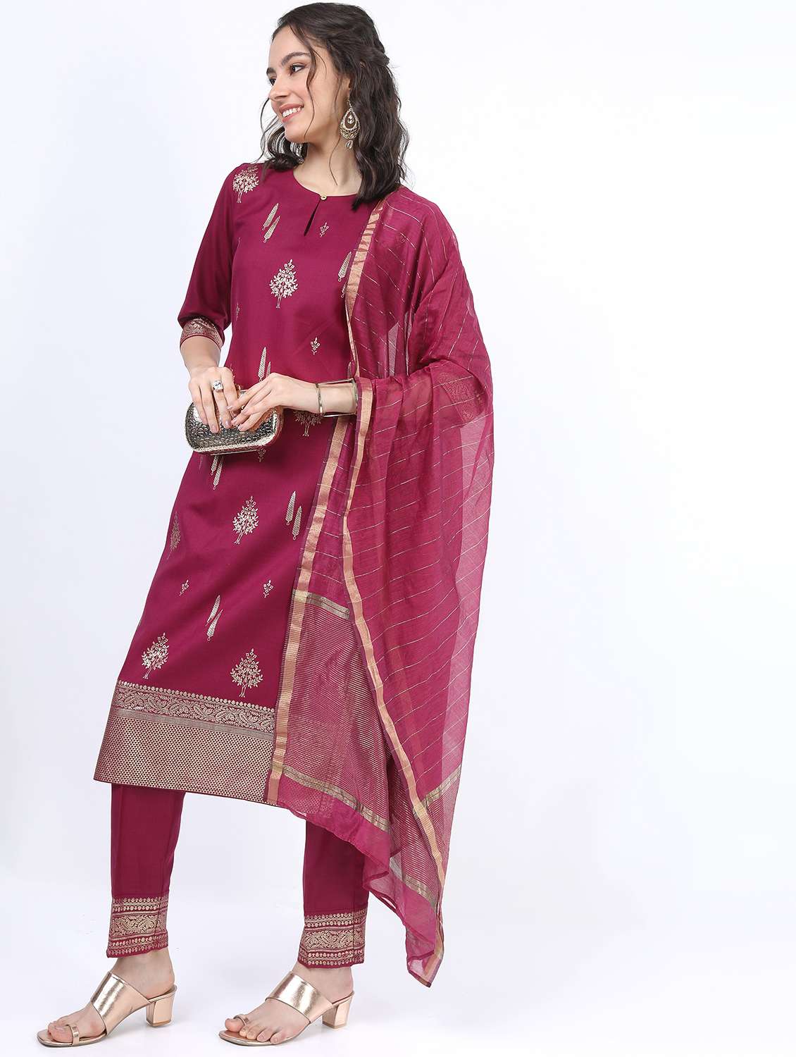 women maroon kurta pant set with dupatta - 21488345 -  Standard Image - 1