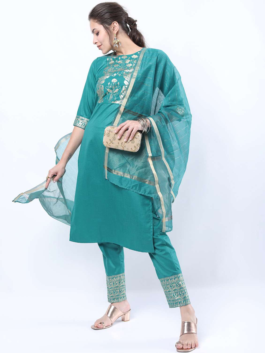 women turquoise kurta pant set with dupatta - 21488352 -  Standard Image - 1