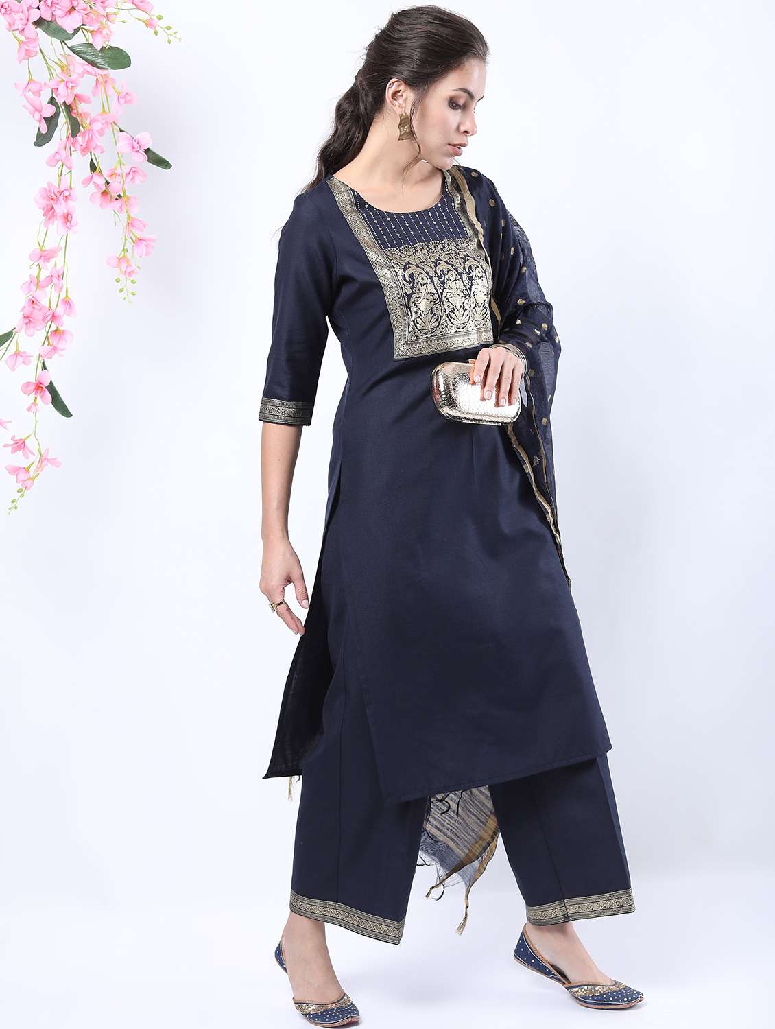 women navy blue kurta pant set with dupatta - 21488354 -  Standard Image - 1