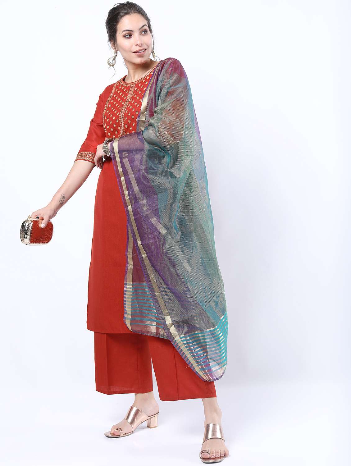 women red kurta palazzo set with dupatta - 21488356 -  Standard Image - 1