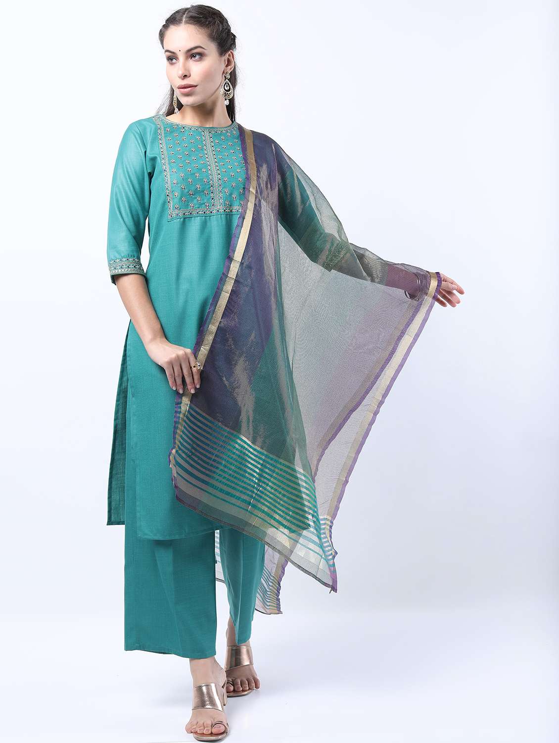 women turquoise kurta palazzo set with dupatta - 21488359 -  Standard Image - 1